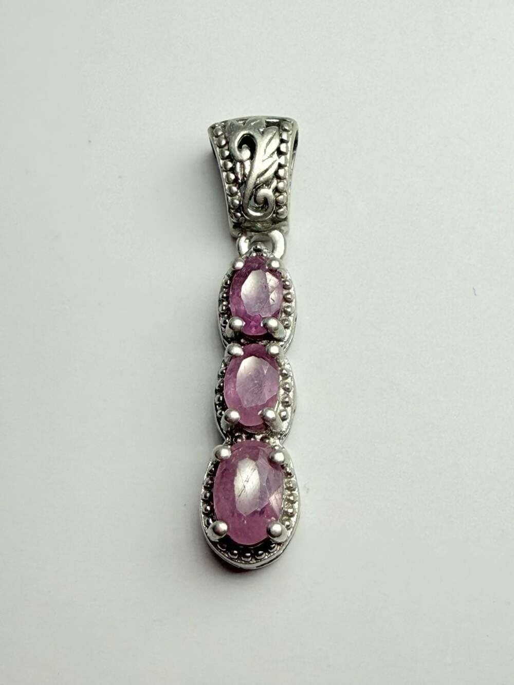 D'Joy Pink Sapphire Sterling Silver Three Stone Pendant